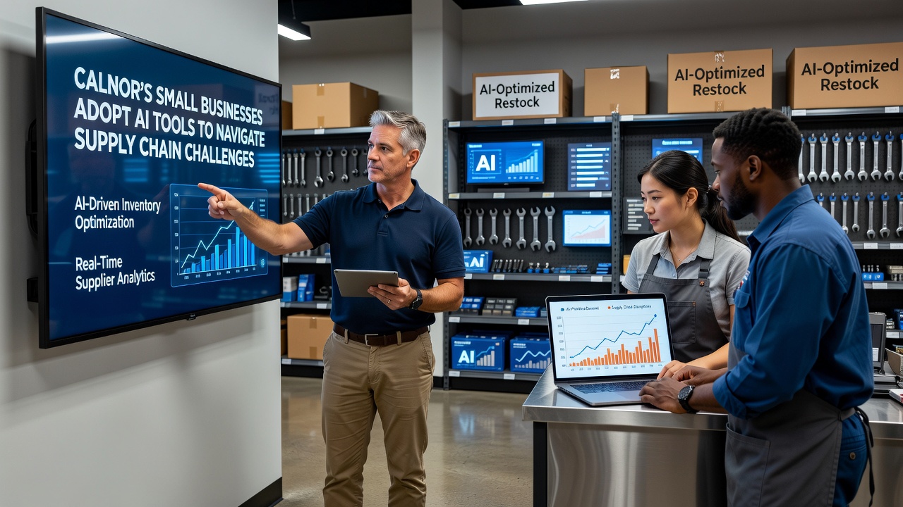 AI interface screen displaying supply chain forecasts and route optimization suggestions for a Calnor logistics team