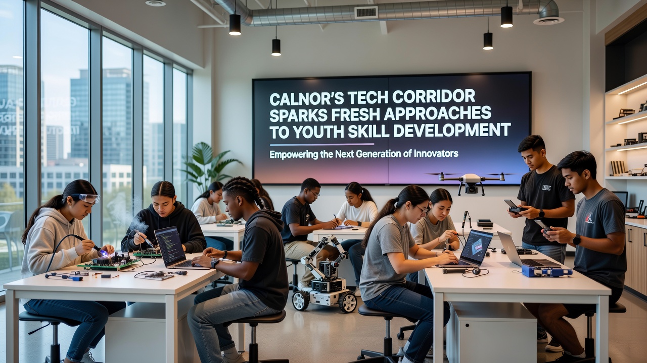 Young participants in a hands-on coding workshop inside a Calnor tech facility